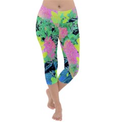 Fluorescent Yellow Smoke Tree With Pink Hydrangea Lightweight Velour Capri Yoga Leggings by myrubiogarden