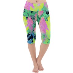 Fluorescent Yellow Smoke Tree With Pink Hydrangea Lightweight Velour Cropped Yoga Leggings by myrubiogarden