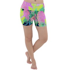 Fluorescent Yellow Smoke Tree With Pink Hydrangea Lightweight Velour Yoga Shorts by myrubiogarden