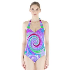 Groovy Abstract Red Swirl On Purple And Pink Halter Swimsuit by myrubiogarden