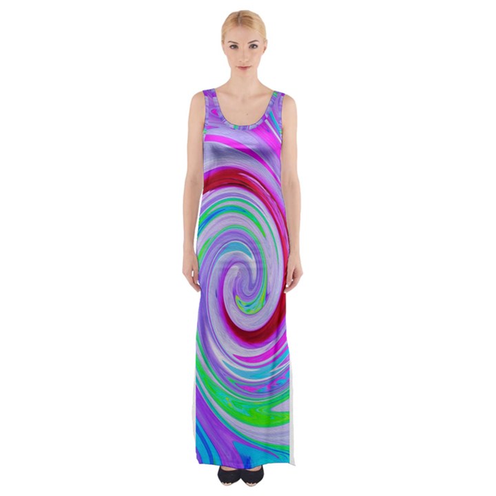 Groovy Abstract Red Swirl On Purple And Pink Maxi Thigh Split Dress