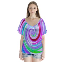 Groovy Abstract Red Swirl On Purple And Pink V-neck Flutter Sleeve Top by myrubiogarden