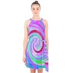 Groovy Abstract Red Swirl On Purple And Pink Halter Collar Waist Tie Chiffon Dress by myrubiogarden