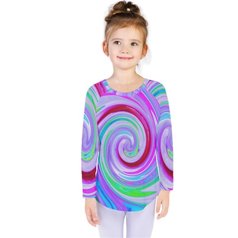 Groovy Abstract Red Swirl On Purple And Pink Kids  Long Sleeve Tee by myrubiogarden