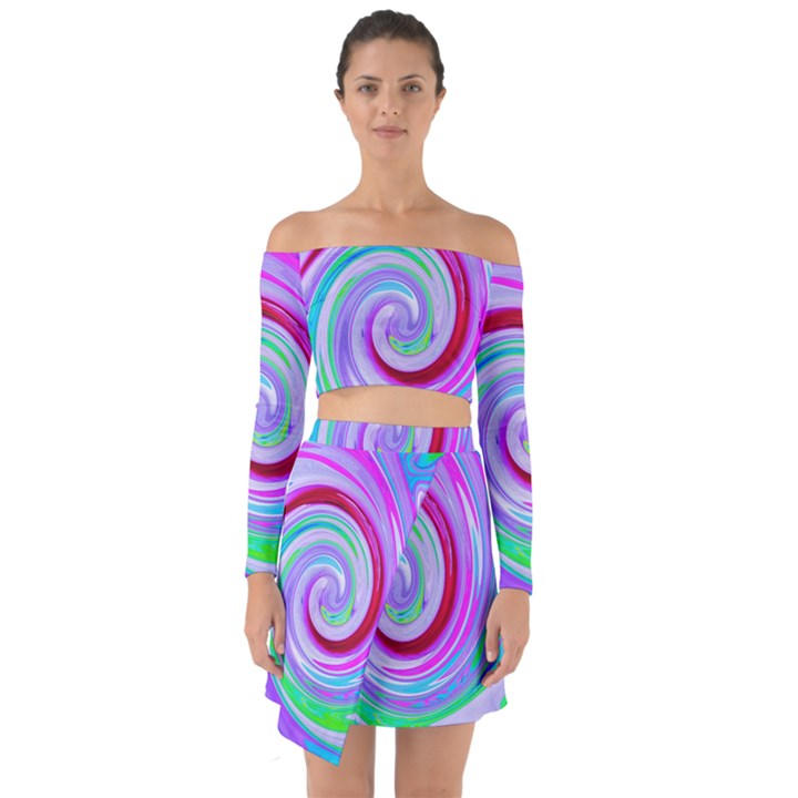 Groovy Abstract Red Swirl On Purple And Pink Off Shoulder Top with Skirt Set