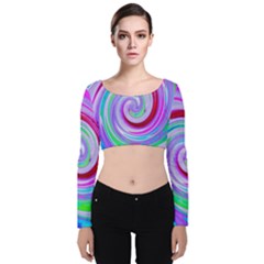 Groovy Abstract Red Swirl On Purple And Pink Velvet Long Sleeve Crop Top by myrubiogarden