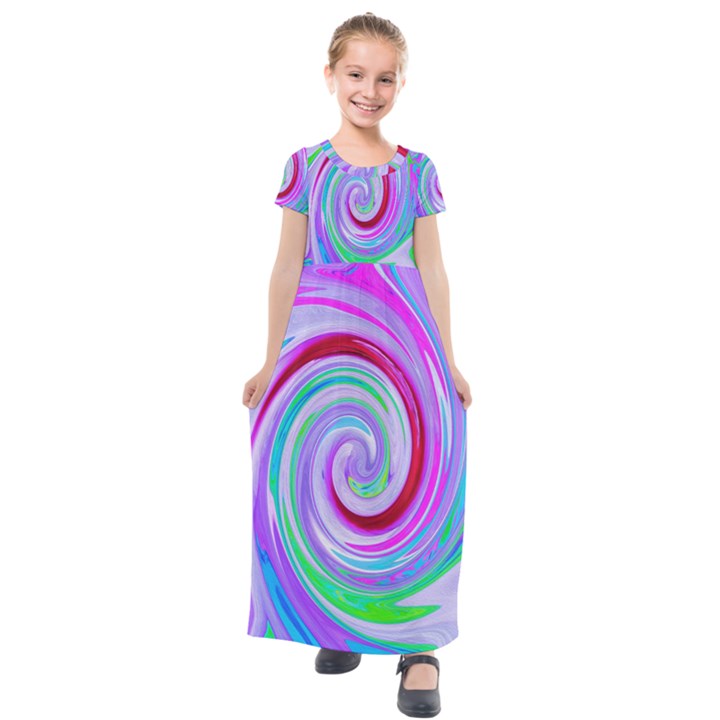 Groovy Abstract Red Swirl On Purple And Pink Kids  Short Sleeve Maxi Dress