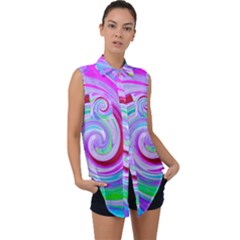 Groovy Abstract Red Swirl On Purple And Pink Sleeveless Chiffon Button Shirt