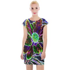 Abstract Garden Peony In Black And Blue Cap Sleeve Bodycon Dress