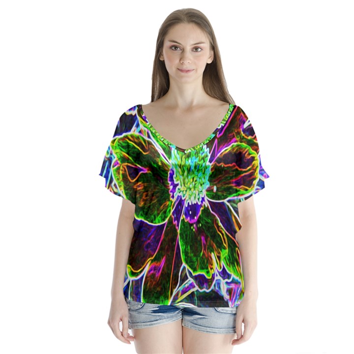 Abstract Garden Peony In Black And Blue V-Neck Flutter Sleeve Top