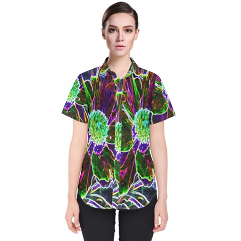 Abstract Garden Peony In Black And Blue Women s Short Sleeve Shirt by myrubiogarden