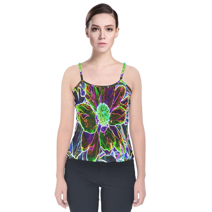 Abstract Garden Peony In Black And Blue Velvet Spaghetti Strap Top