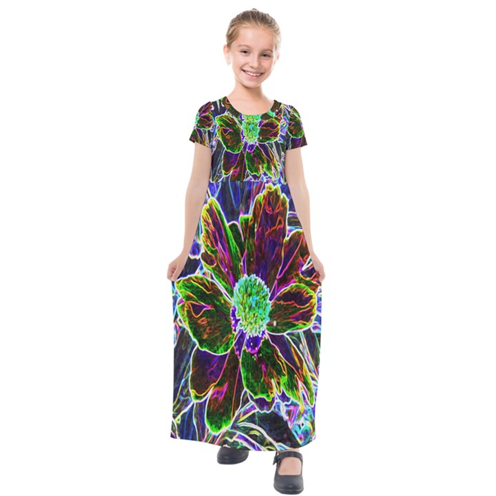 Abstract Garden Peony In Black And Blue Kids  Short Sleeve Maxi Dress