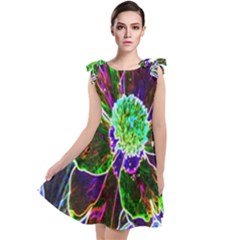 Abstract Garden Peony In Black And Blue Tie Up Tunic Dress