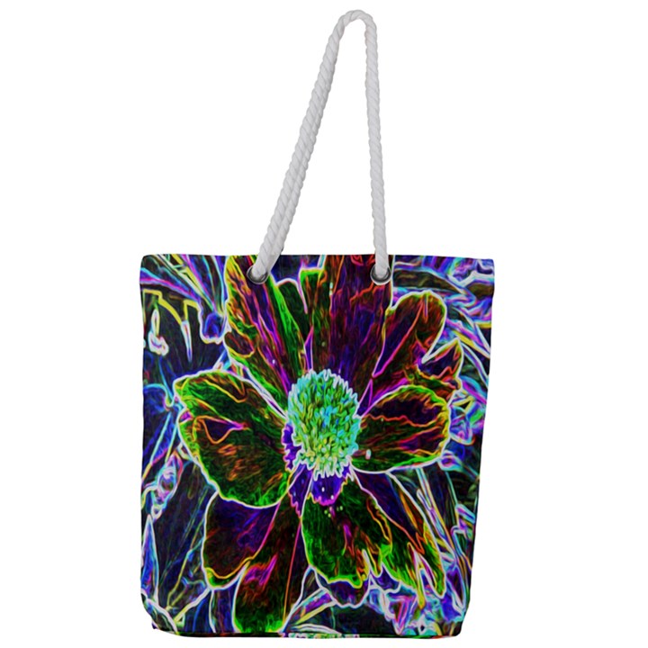 Abstract Garden Peony In Black And Blue Full Print Rope Handle Tote (Large)