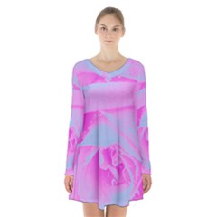 Perfect Hot Pink And Light Blue Rose Detail Long Sleeve Velvet V-neck Dress by myrubiogarden