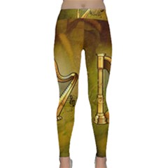 Wonderful Golden Harp On Vintage Background Classic Yoga Leggings by FantasyWorld7