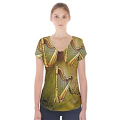 Wonderful Golden Harp On Vintage Background Short Sleeve Front Detail Top by FantasyWorld7