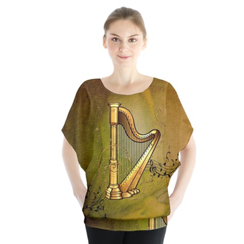 Wonderful Golden Harp On Vintage Background Batwing Chiffon Blouse by FantasyWorld7