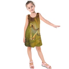 Wonderful Golden Harp On Vintage Background Kids  Sleeveless Dress by FantasyWorld7