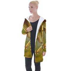 Wonderful Golden Harp On Vintage Background Longline Hooded Cardigan