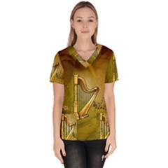 Wonderful Golden Harp On Vintage Background Women s V-neck Scrub Top by FantasyWorld7