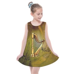 Wonderful Golden Harp On Vintage Background Kids  Summer Dress by FantasyWorld7