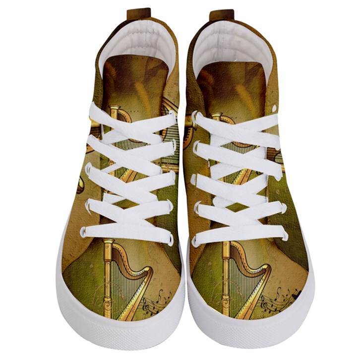 Wonderful Golden Harp On Vintage Background Kid s Hi-Top Skate Sneakers