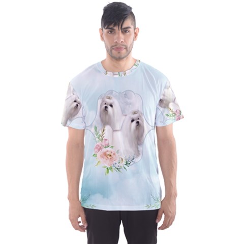 Cute Little Maltese With Flowers Men s Sports Mesh Tee by FantasyWorld7