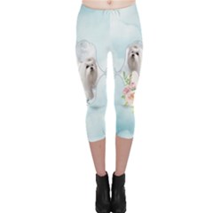 Cute Little Maltese With Flowers Capri Leggings  by FantasyWorld7