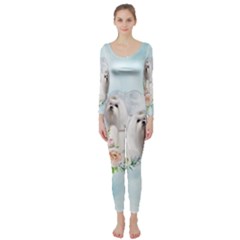 Cute Little Maltese With Flowers Long Sleeve Catsuit by FantasyWorld7