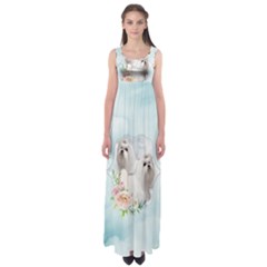 Cute Little Maltese With Flowers Empire Waist Maxi Dress by FantasyWorld7