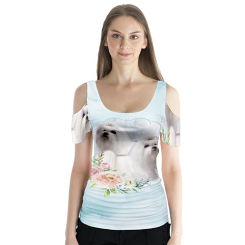 Cute Little Maltese With Flowers Butterfly Sleeve Cutout Tee  by FantasyWorld7