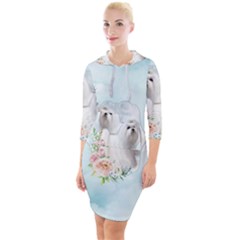 Cute Little Maltese With Flowers Quarter Sleeve Hood Bodycon Dress by FantasyWorld7