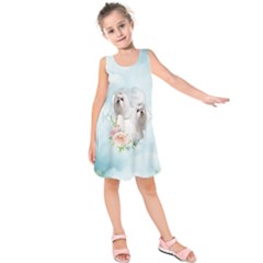 Cute Little Maltese With Flowers Kids  Sleeveless Dress by FantasyWorld7