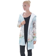 Cute Little Maltese With Flowers Longline Hooded Cardigan