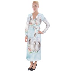 Cute Little Maltese With Flowers Velvet Maxi Wrap Dress