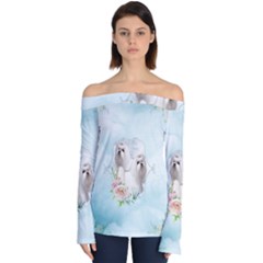 Cute Little Maltese With Flowers Off Shoulder Long Sleeve Top