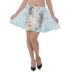 Cute Little Maltese With Flowers Velvet Skater Skirt by FantasyWorld7