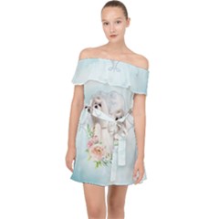 Cute Little Maltese With Flowers Off Shoulder Chiffon Dress