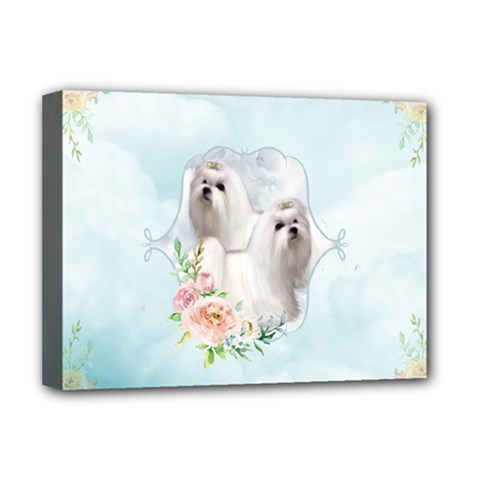 Cute Little Maltese With Flowers Deluxe Canvas 16  X 12  (stretched)  by FantasyWorld7