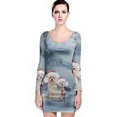 Christmas, Cute Dogs And Squirrel With Christmas Hat Long Sleeve Bodycon Dress by FantasyWorld7