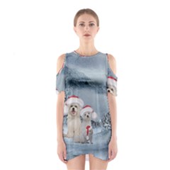 Christmas, Cute Dogs And Squirrel With Christmas Hat Shoulder Cutout One Piece Dress by FantasyWorld7