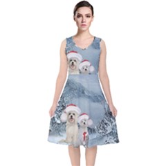 Christmas, Cute Dogs And Squirrel With Christmas Hat V-neck Midi Sleeveless Dress  by FantasyWorld7