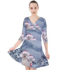 Christmas, Cute Dogs And Squirrel With Christmas Hat Quarter Sleeve Front Wrap Dress by FantasyWorld7