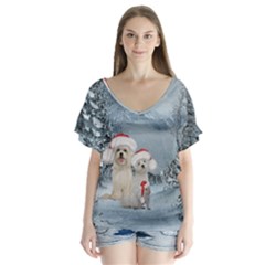 Christmas, Cute Dogs And Squirrel With Christmas Hat V-neck Flutter Sleeve Top by FantasyWorld7