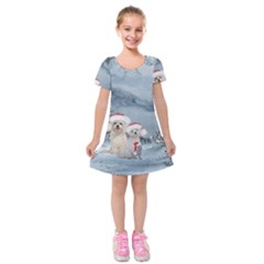 Christmas, Cute Dogs And Squirrel With Christmas Hat Kids  Short Sleeve Velvet Dress by FantasyWorld7