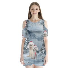 Christmas, Cute Dogs And Squirrel With Christmas Hat Shoulder Cutout Velvet One Piece by FantasyWorld7