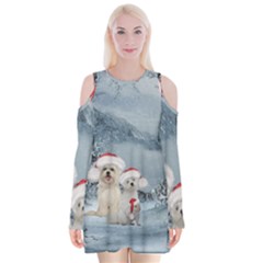 Christmas, Cute Dogs And Squirrel With Christmas Hat Velvet Long Sleeve Shoulder Cutout Dress by FantasyWorld7