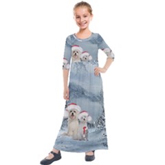 Christmas, Cute Dogs And Squirrel With Christmas Hat Kids  Quarter Sleeve Maxi Dress by FantasyWorld7